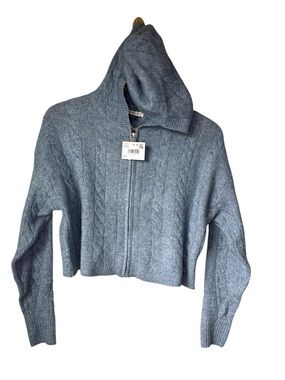NWT American Eagle Blue Cable Knit Soft Full Zip Hoodie Sweater Cropped XS Cozy